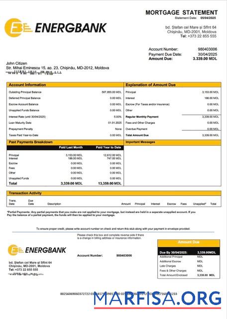 Printable Moldova Energbank mortgage statement Word and PDF template
